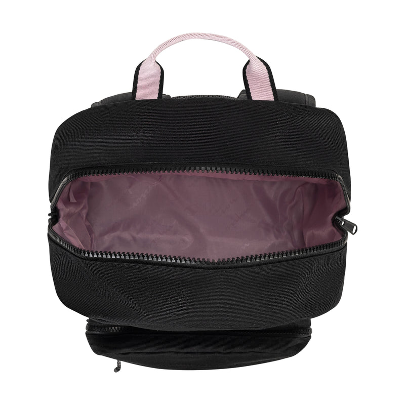 The Champion Steady Backpack features a black design with a light pink handle. Viewed from above, its spacious main compartment reveals a padded laptop sleeve and matching pink interior.