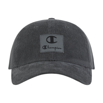 The Champion Ridge Corduroy Adjustable Cap is a black cap with a logo, vintage-inspired style, and an adjustable back closure for comfort.