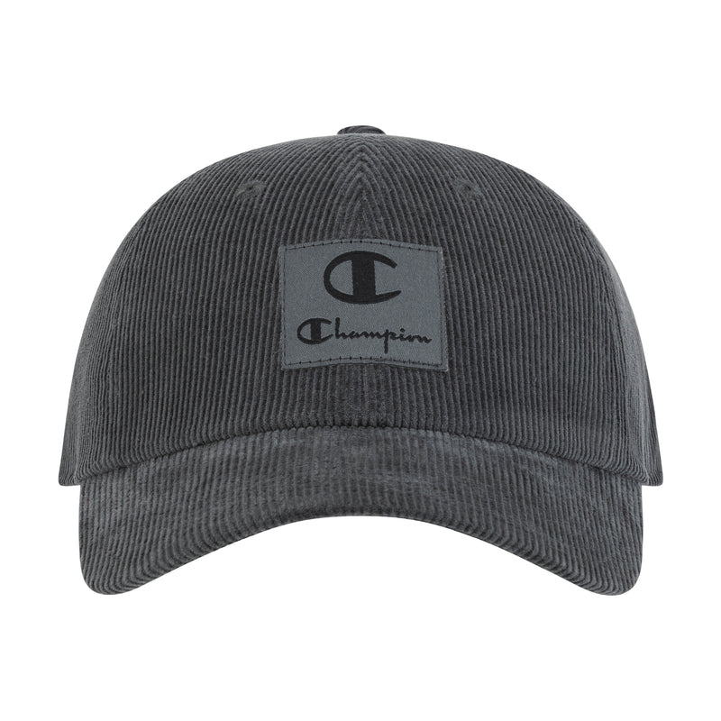 The Champion Ridge Corduroy Adjustable Cap is a black cap with a logo, vintage-inspired style, and an adjustable back closure for comfort.