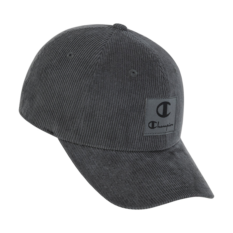 The Champion Ridge Corduroy Adjustable Cap is a dark gray vintage-inspired hat with a curved brim, black logo patch on the front, and an adjustable back closure for a perfect fit.