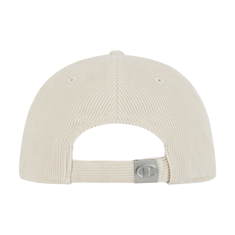 The Champion Ridge Corduroy Adjustable Cap features a cream color, adjustable back with metallic clasp, and a raised “C” logo for a touch of vintage style.