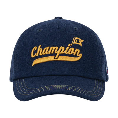 The Champion Sophomore Adjustable Cap features navy blue fabric, a yellow embroidered flag and logo on the front, collegiate accents, and yellow stitching along the brim.