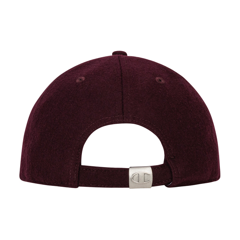 The Champion Sophomore Adjustable Cap in maroon features a collegiate, unconstructed style with a rear view showcasing an adjustable strap and a silver buckle.