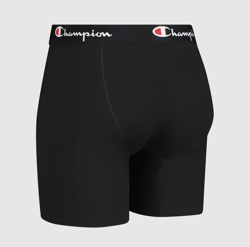 A 5-pack of Champion Cotton Stretch Boxer Briefs in black, featuring moisture-wicking fabric and a logo on the elastic waistband, displayed on a plain light gray background.