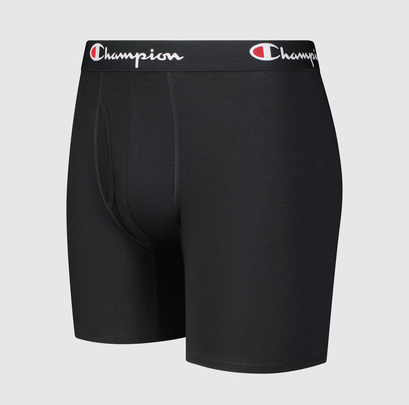 Champion Cotton Stretch Boxer Brief - 5 Pack for men in black with logo waistband, contoured pouch, flat seams, and moisture-wicking fabric. Plain light gray background.