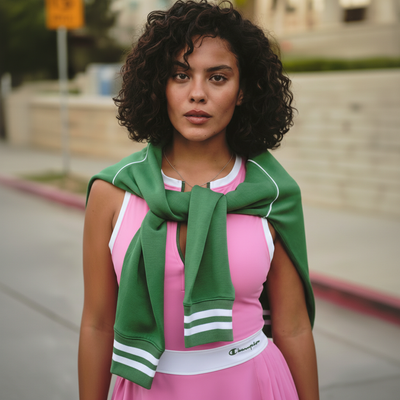Woman wearing a pink dress with a green jacket and scarf on a street.