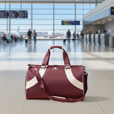 Red and white duffel bag in an airport terminal