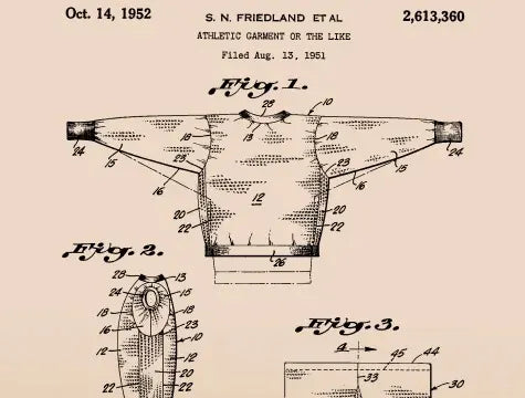 Patent drawing showing an athletic garment design with labeled parts, including a front view of a long-sleeved shirt, a sleeve detail, and a smaller diagram of garment construction.