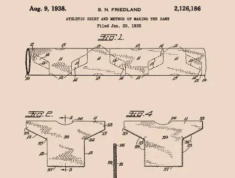 Patent drawing for an athletic shirt from 1938, showing a labeled pattern layout (Fig. 1) and assembly diagrams (Figs. 3 and 4) for constructing the shirt.