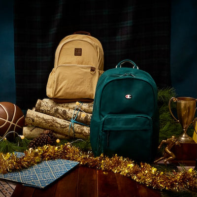 Two backpacks, one beige and one teal, on a table with logs, a basketball, and trophies.
